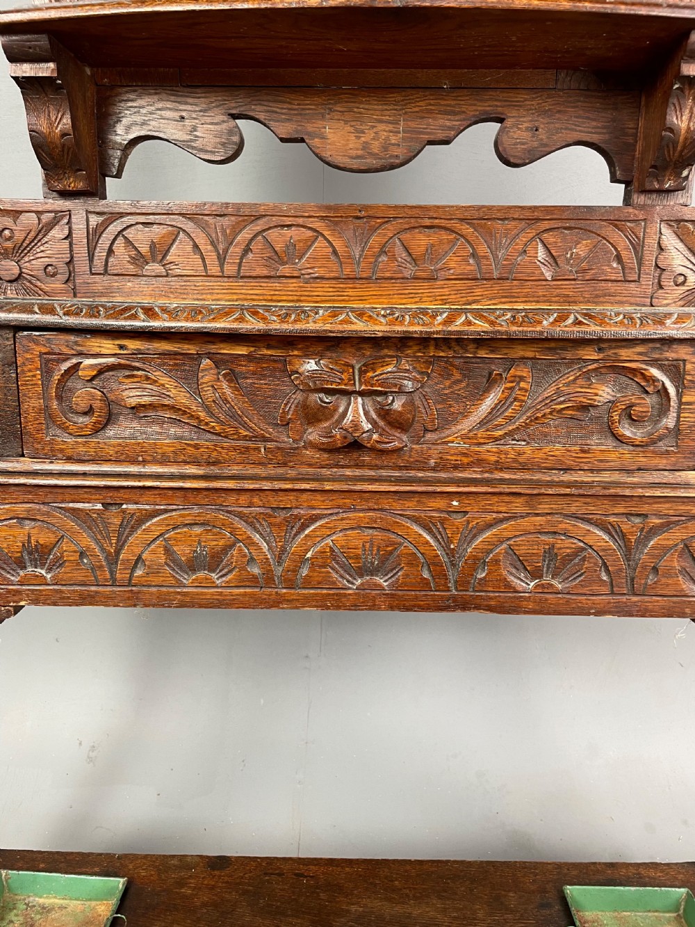 Victorian carved oak green man hall stand  View III