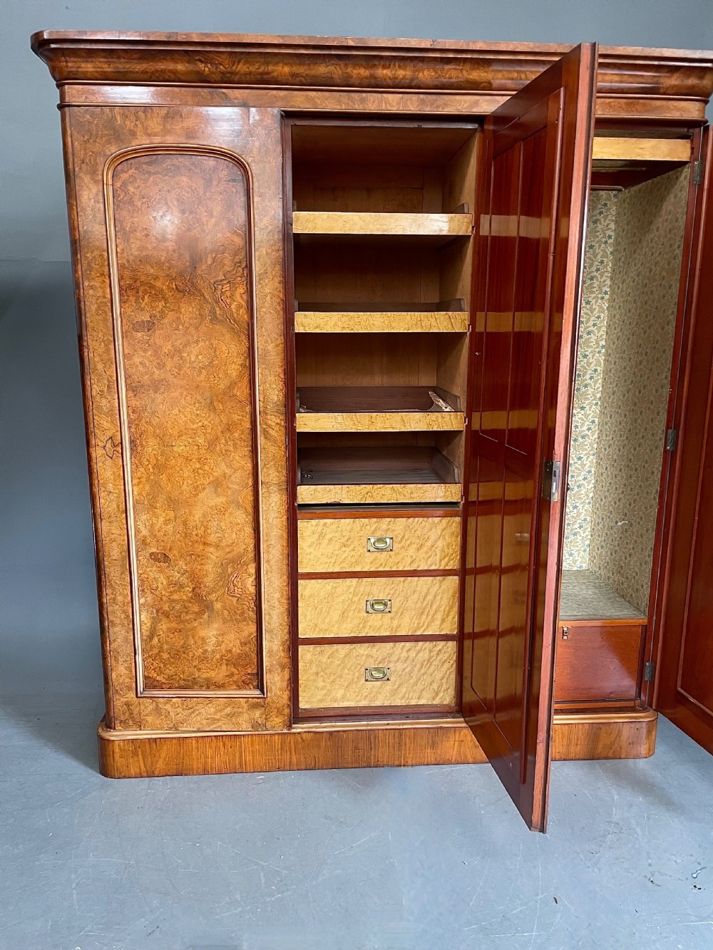 Victorian burr walnut triple wardrobe compactum  View III