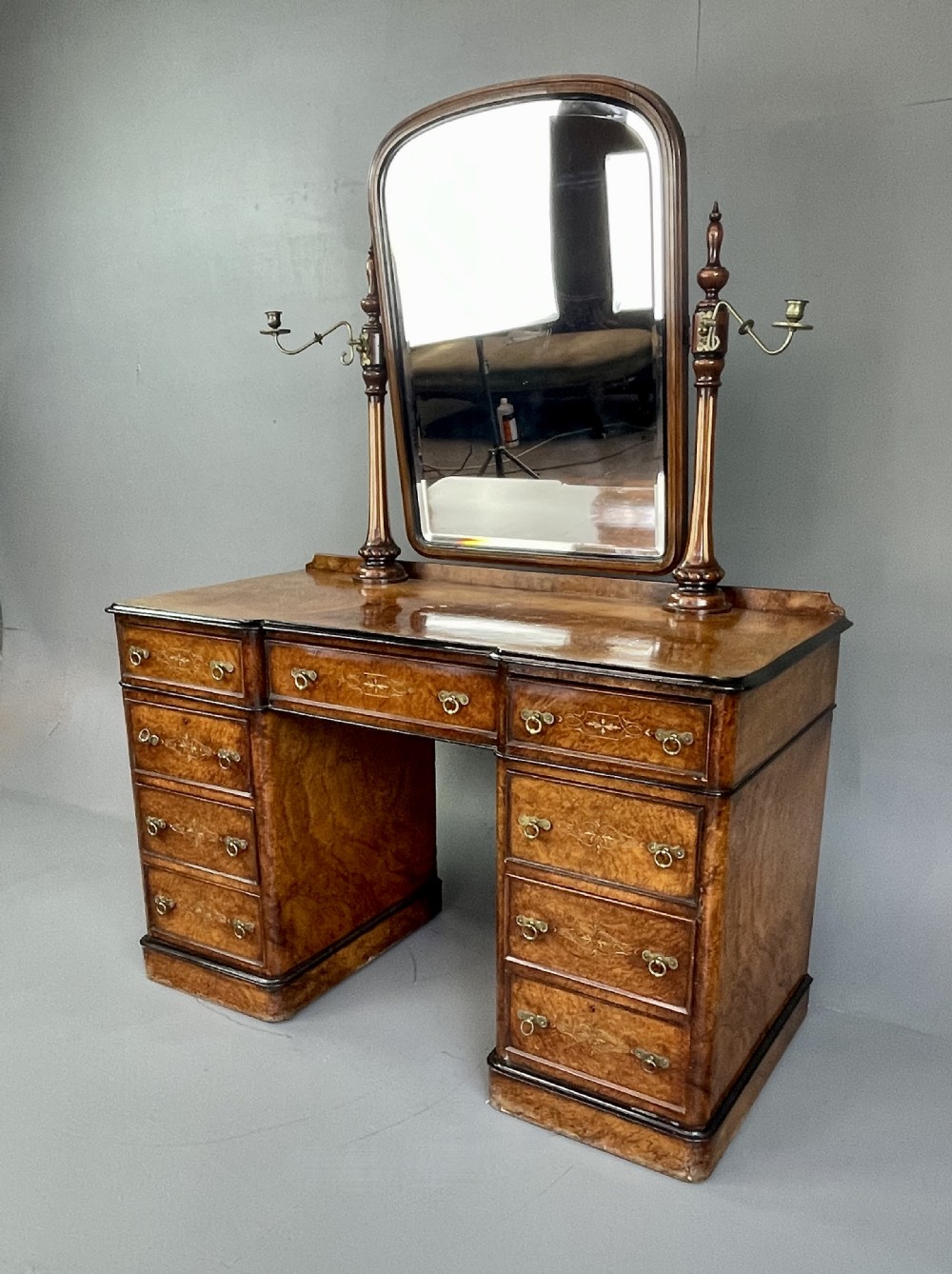 Victorian burr walnut pedestal dressing table  View III