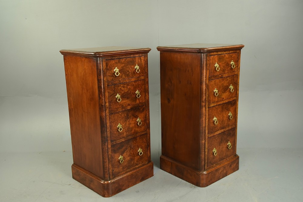Pair of Victorian burr walnut bedside chests of drawers  View II