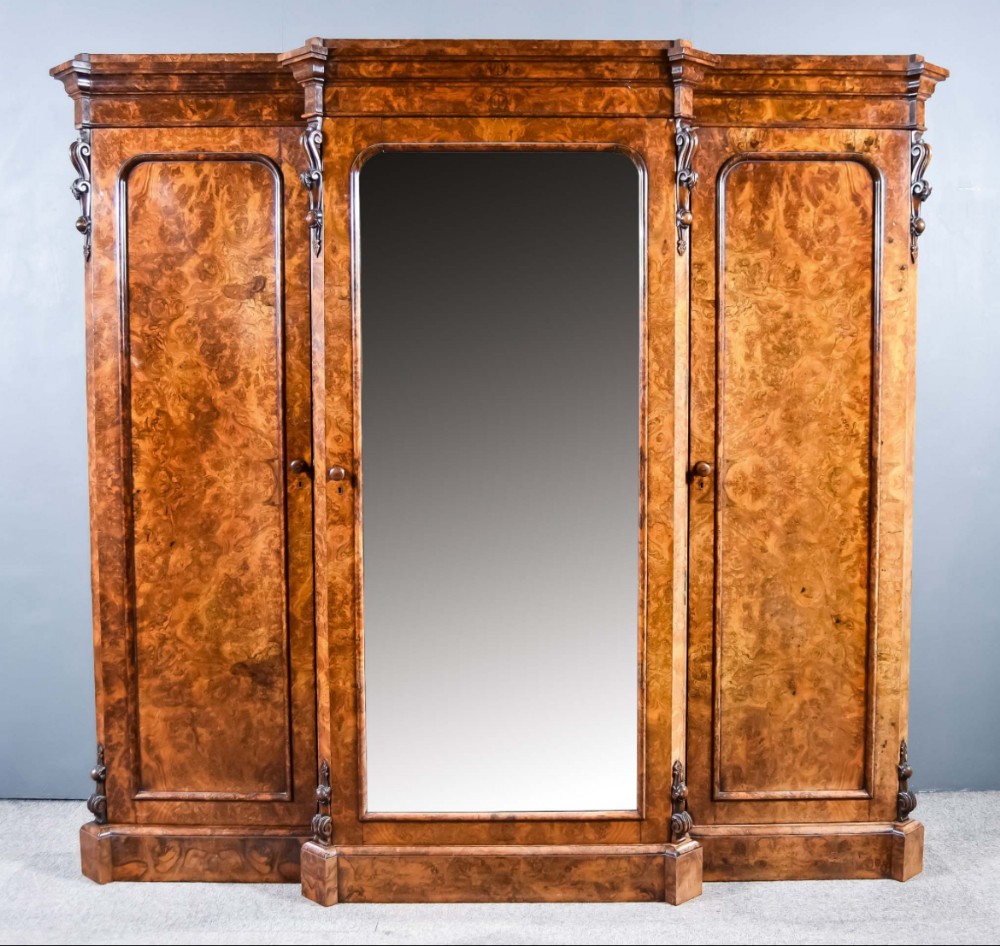 Victorian burr walnut breakfront triple wardrobe 