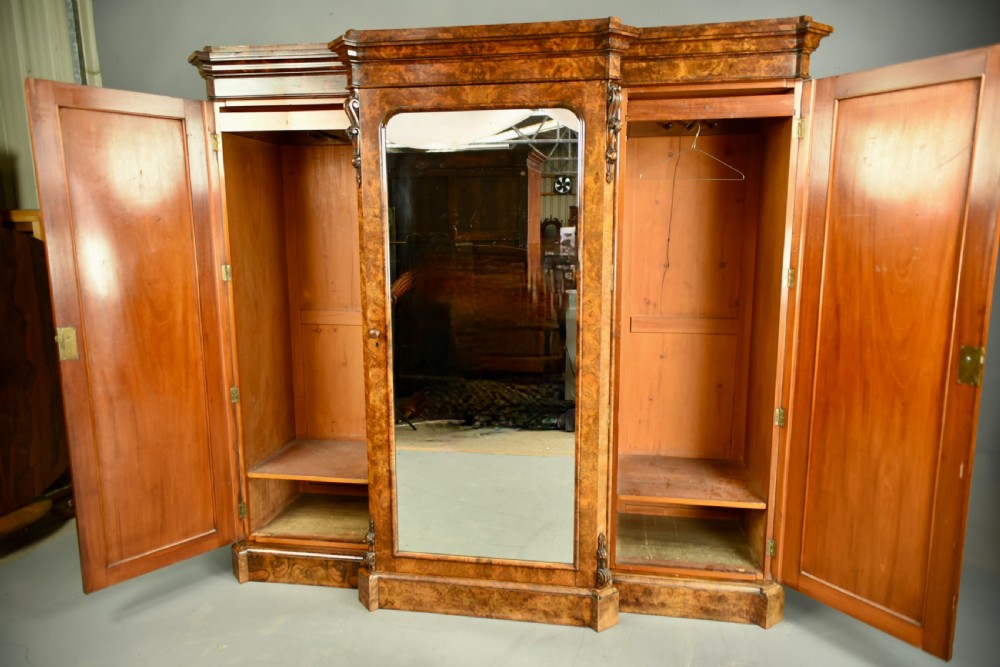 Victorian burr walnut breakfront triple wardrobe  View II