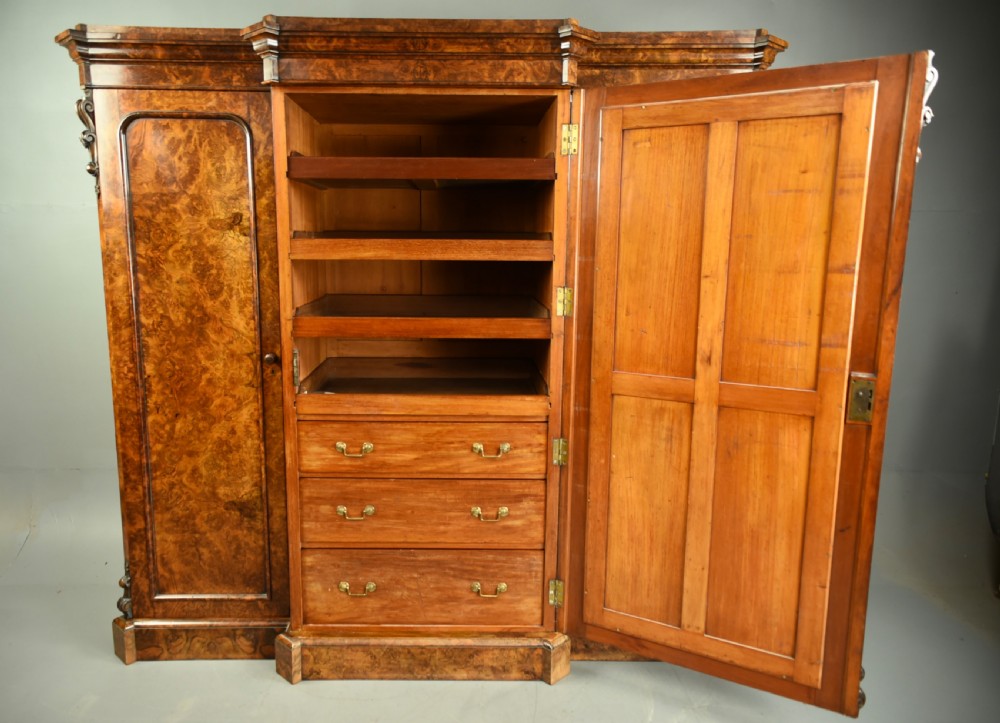 Victorian burr walnut breakfront triple wardrobe  View III
