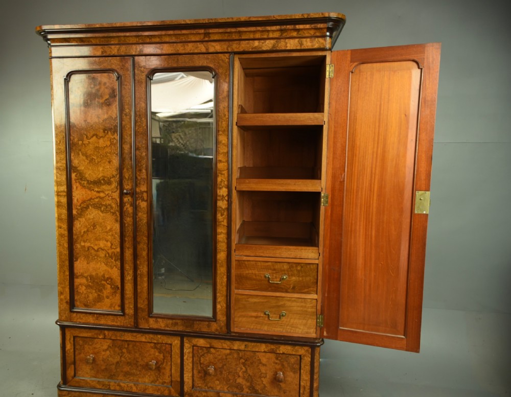 Victorian burr walnut triple  wardrobe compactum by H Ogden Manchester  View II