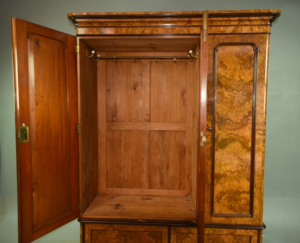 Victorian burr walnut triple  wardrobe compactum by H Ogden Manchester  View III