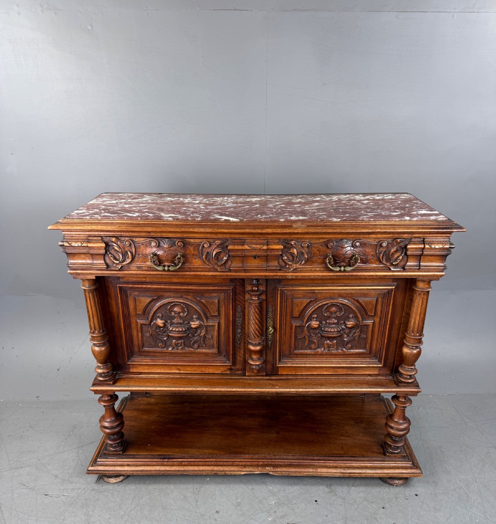French carved walnut marble top buffet sideboard  View II