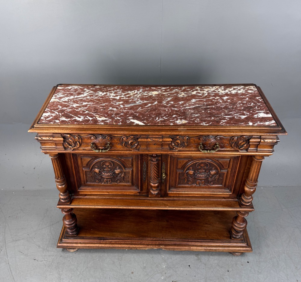 French carved walnut marble top buffet sideboard  View III