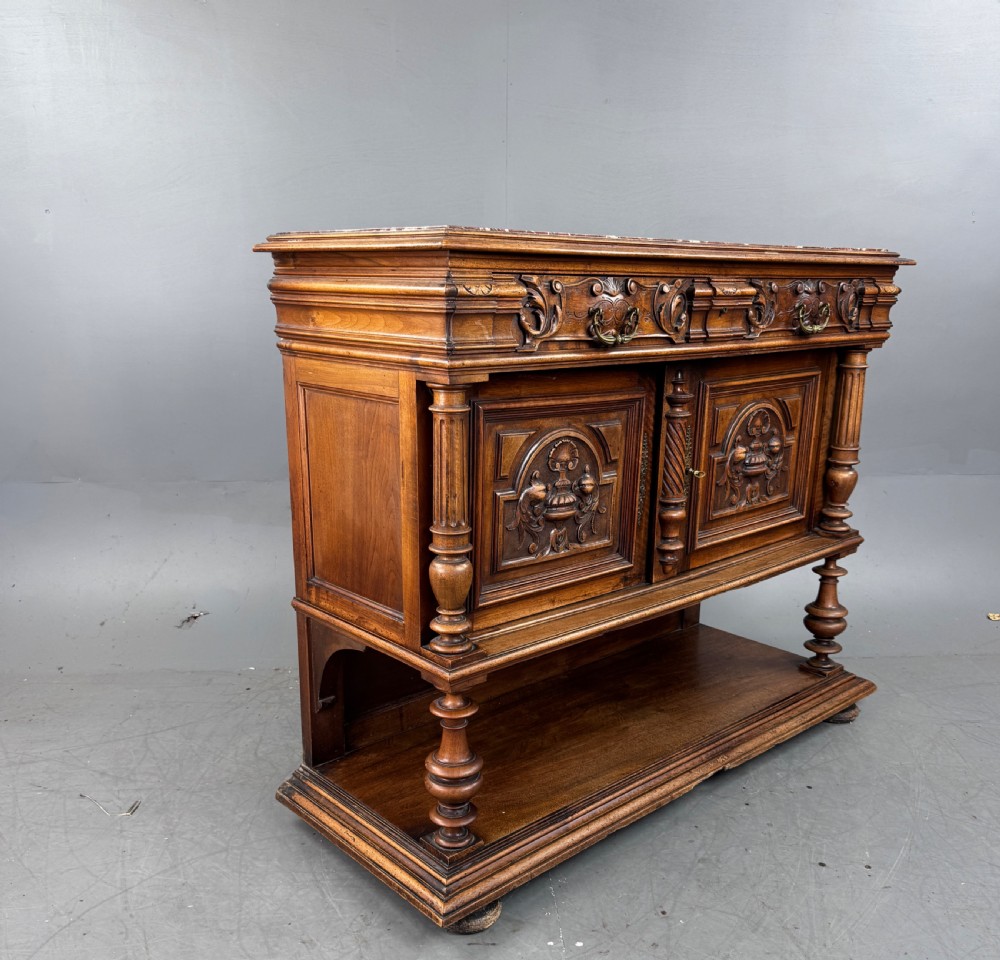 French carved walnut marble top buffet sideboard  View V