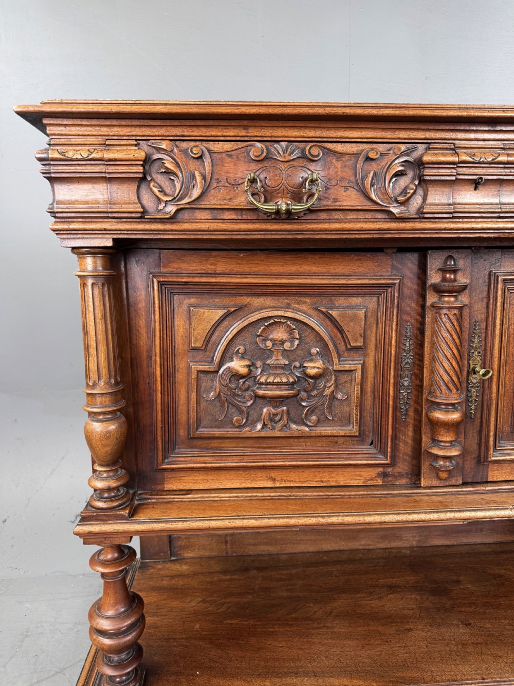 French carved walnut marble top buffet sideboard  View VI