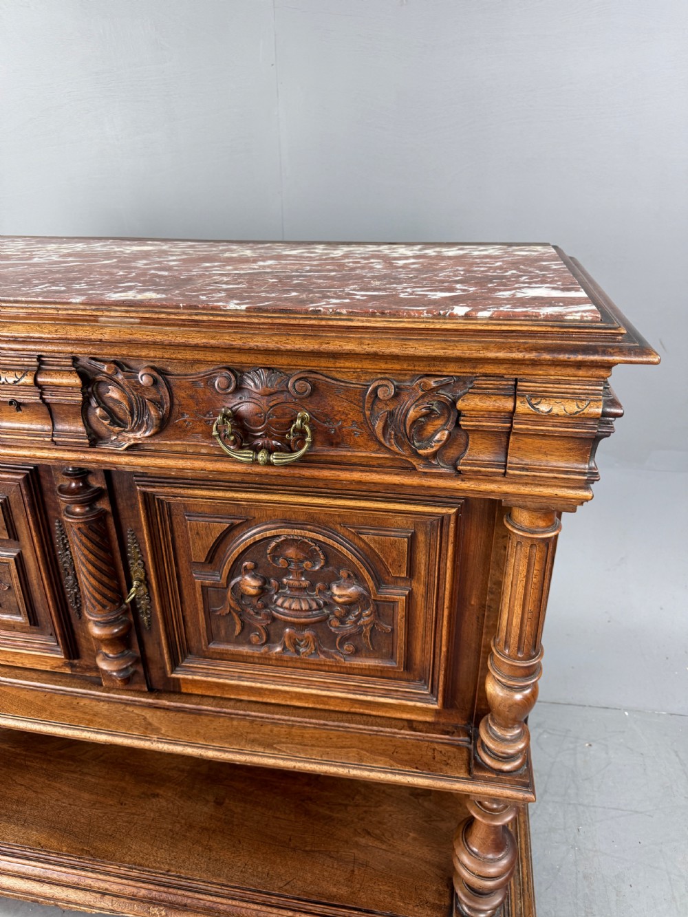 French carved walnut marble top buffet sideboard  View VIII
