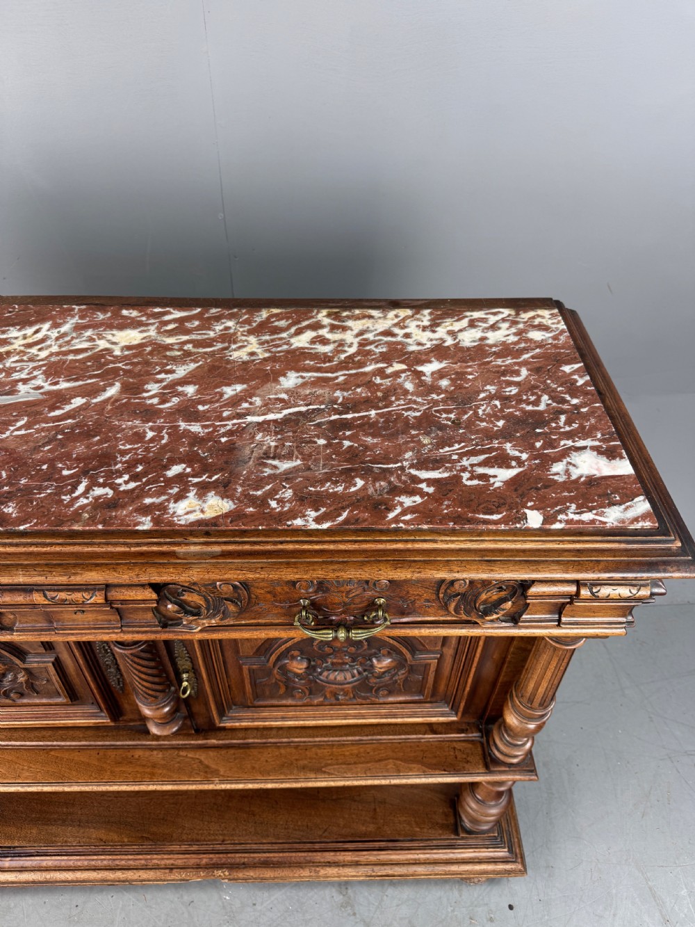 French carved walnut marble top buffet sideboard  View IX
