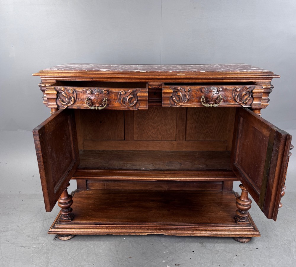 French carved walnut marble top buffet sideboard  View X