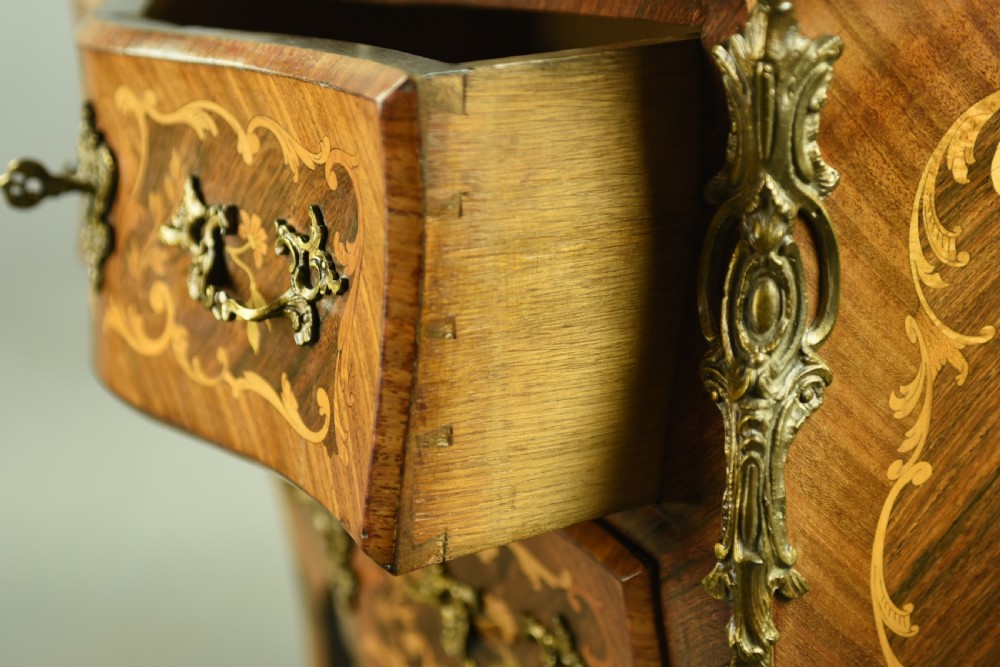 19th Century French Kingwood and inlaid Bombe Commode chest of drawers View VII