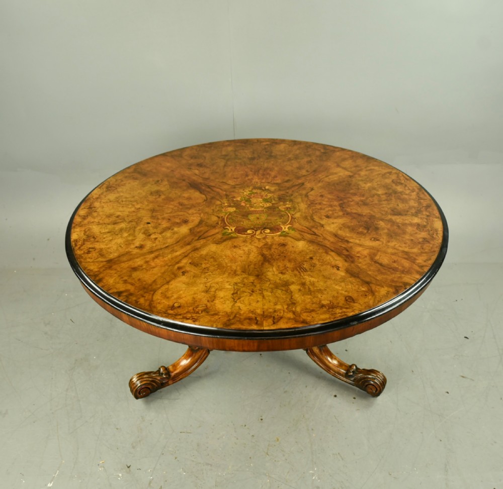 Victorian round burr walnut inlaid dining/centre table  View II