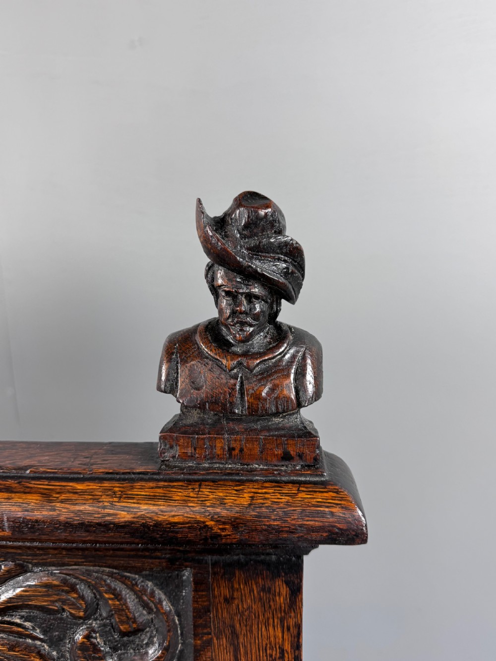 Antique Victorian Carved oak settle  View III