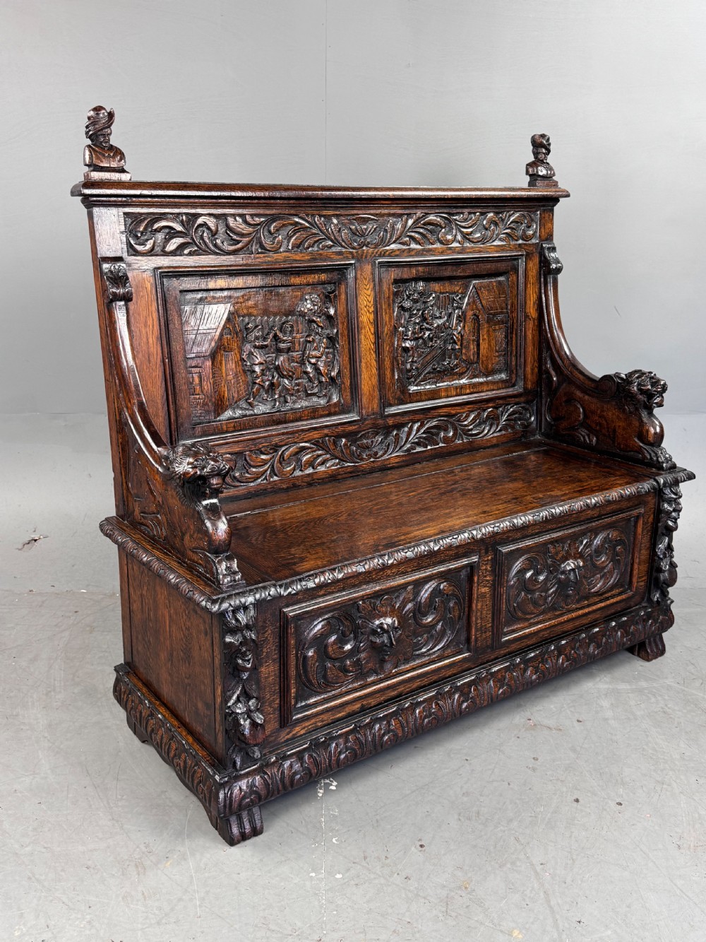 Antique Victorian Carved oak settle  View IX