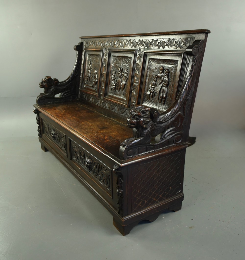 Antique carved oak settle  View IV
