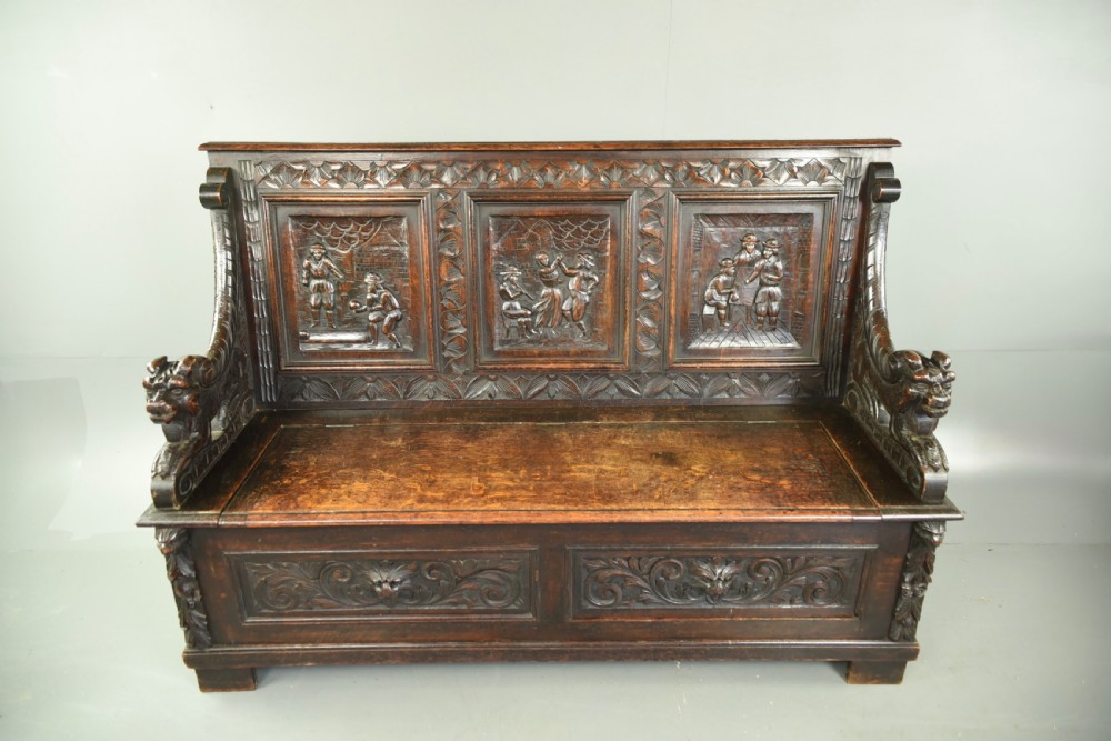 Antique carved oak settle  View V