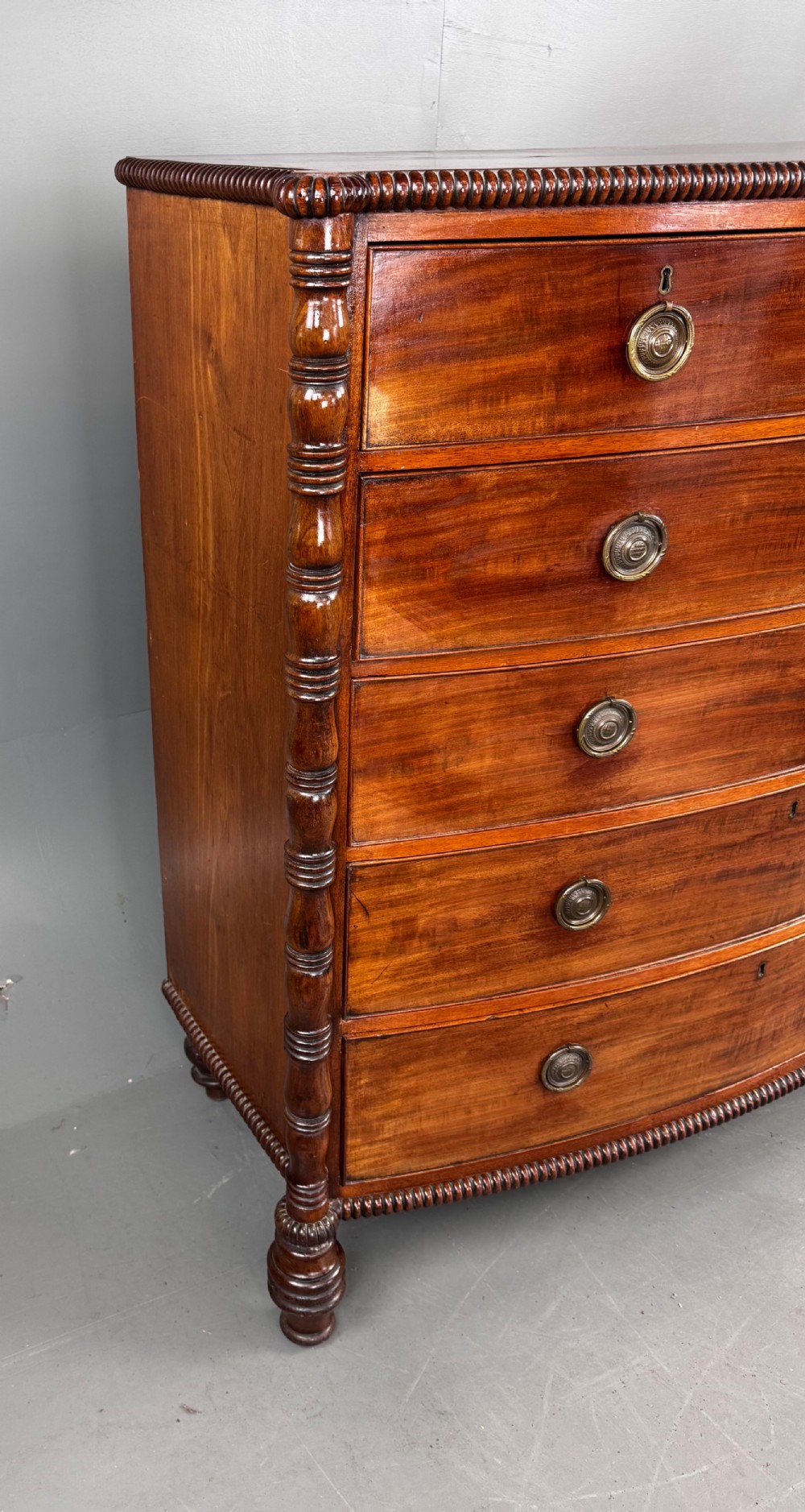 Large Regency mahogany bow front chest of drawers  View III