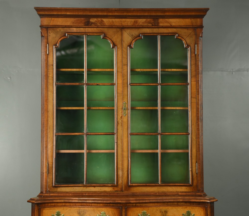 Walnut Queen Anne style serpentine bookcase View II