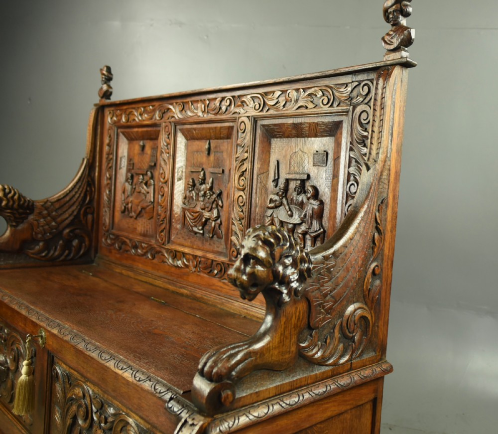 Large carved oak bench  View II