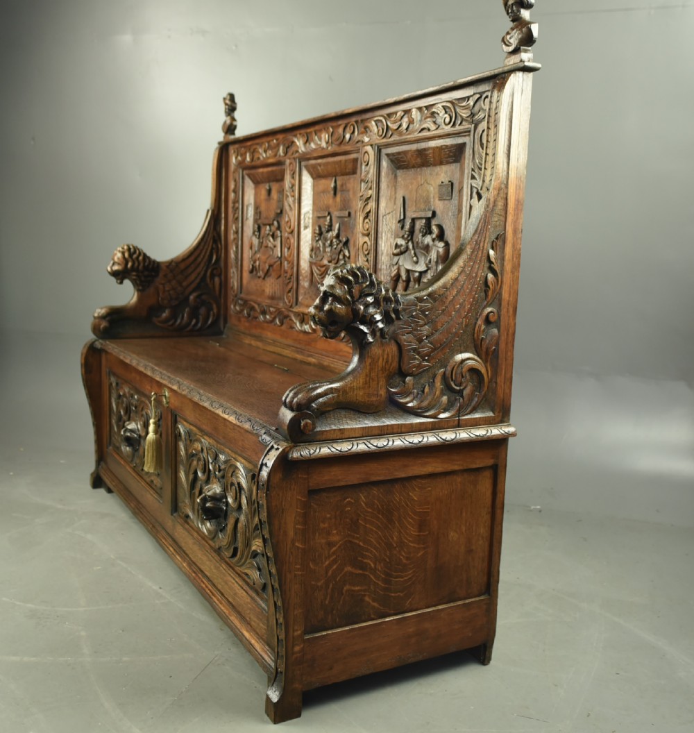 Large carved oak bench  View III