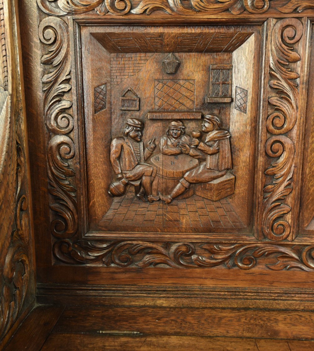 Large carved oak bench  View V
