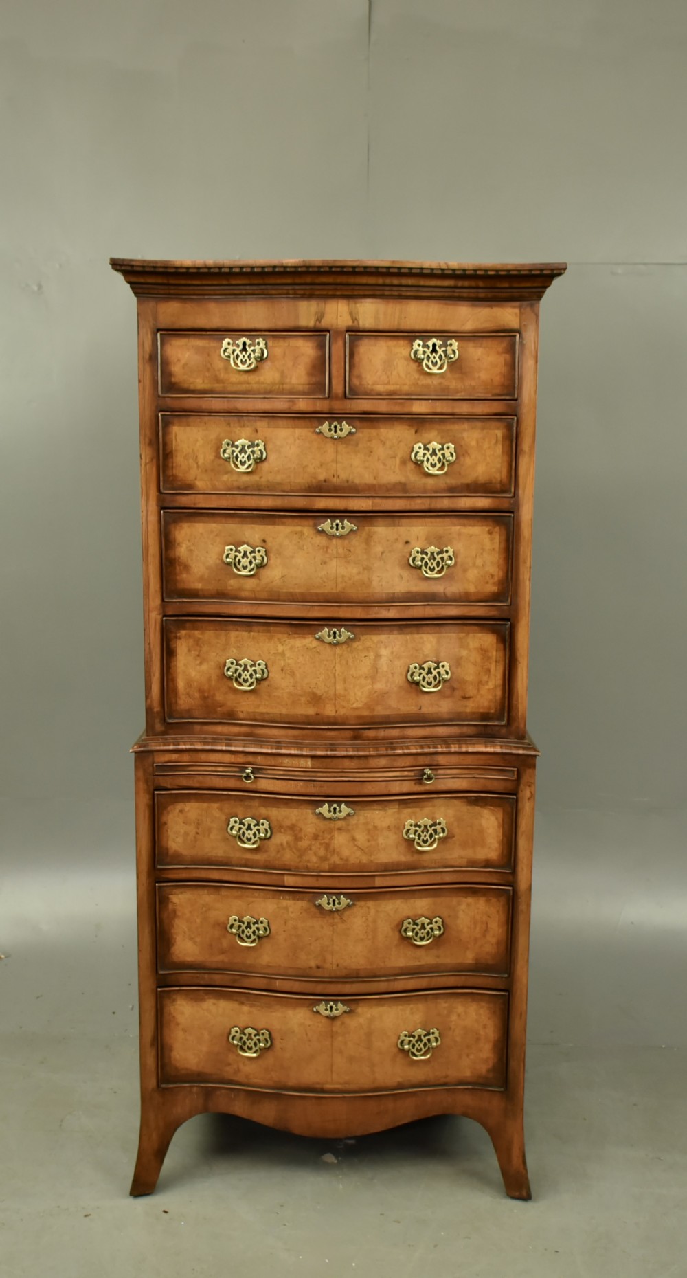 Queen Anne serpentine walnut chest on chest tall boy 