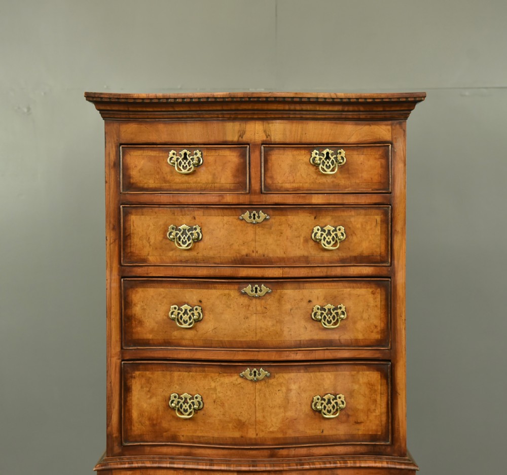 Queen Anne serpentine walnut chest on chest tall boy  View II