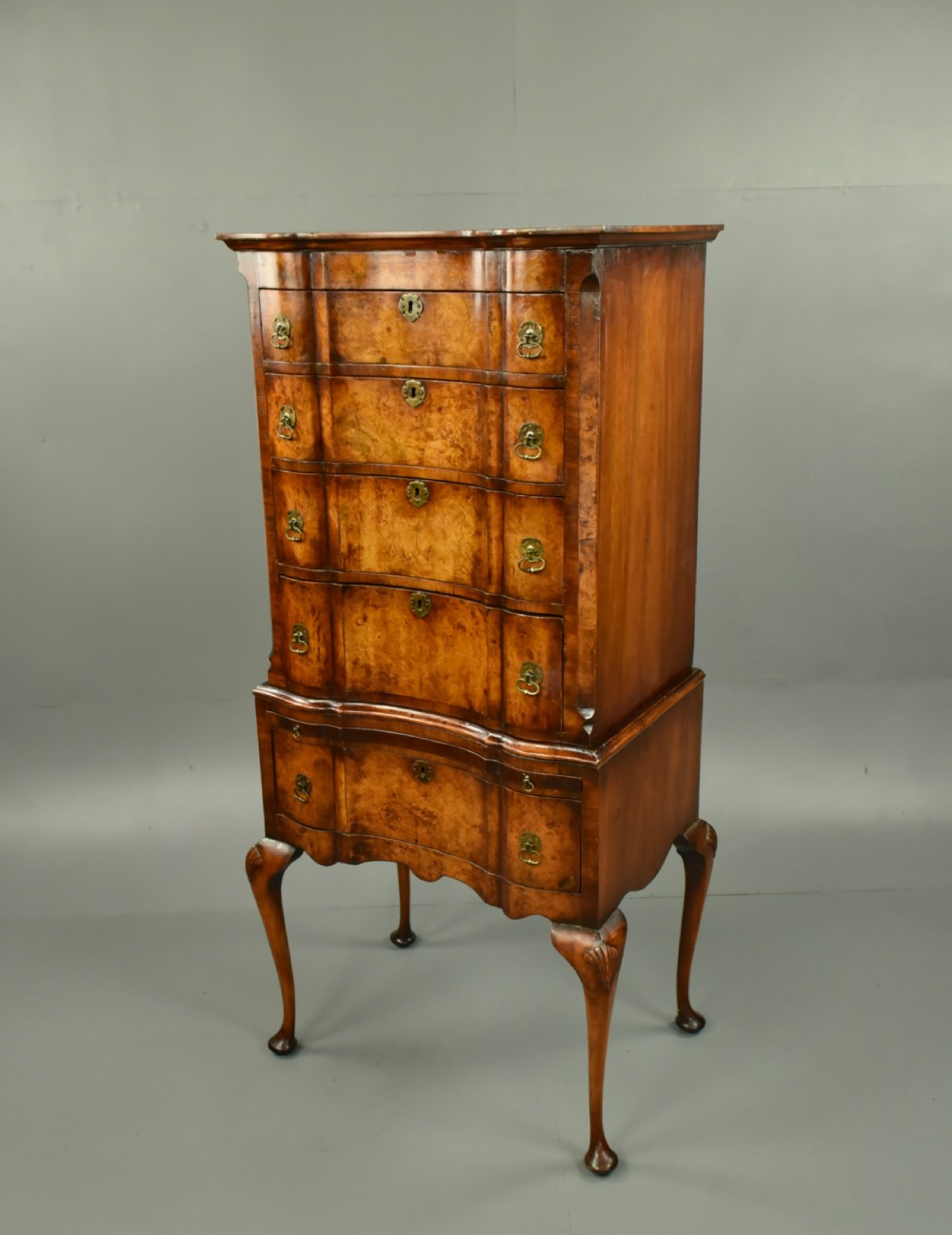 Walnut Queen Anne style chest on stand tall boy  View II