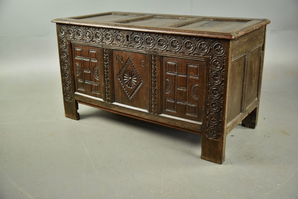 18th century carved oak coffer  View II