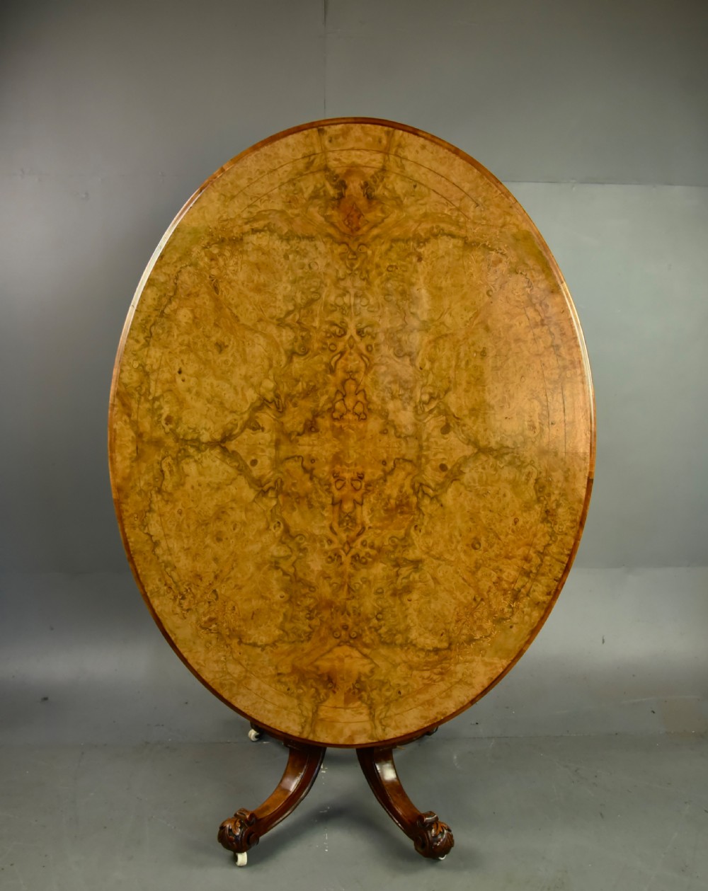 Victorian burr walnut inlaid oval breakfast table  View II