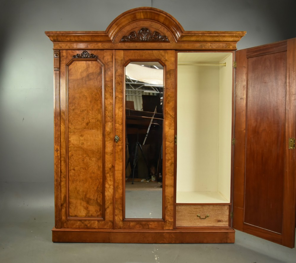 Victorian burr walnut triple wardrobe compactom  View II