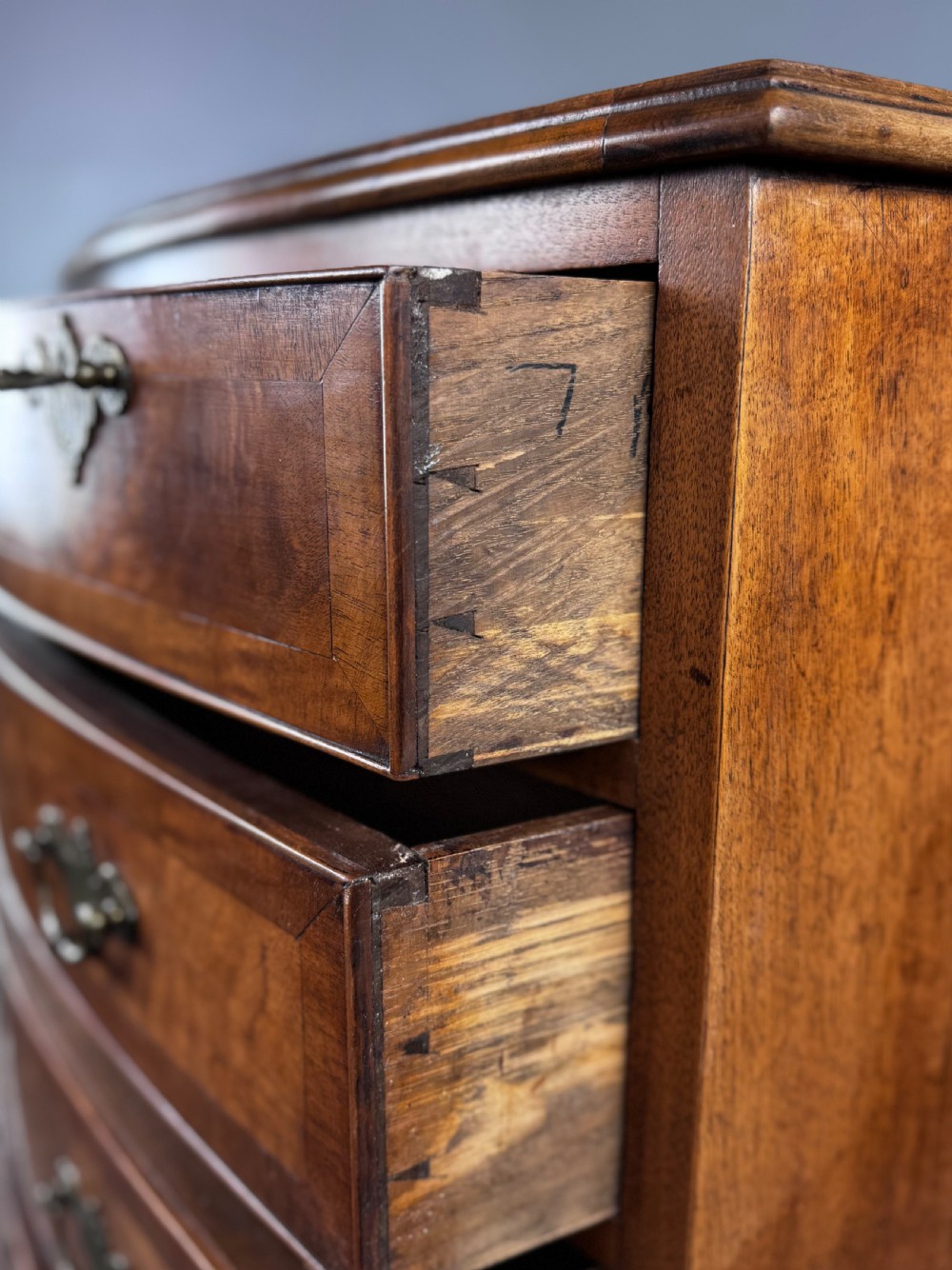 Walnut Bowfront chest of drawers  View V