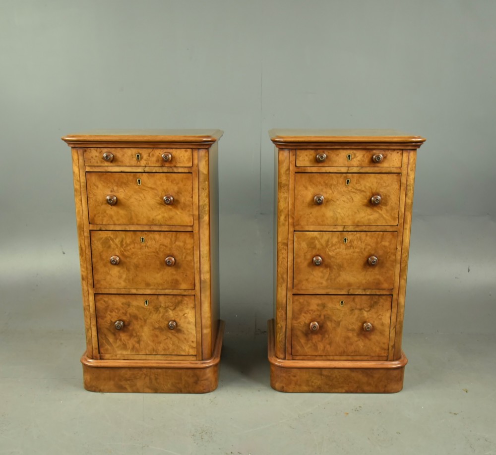 Pair of Victorian burr walnut bedside chests of drawers