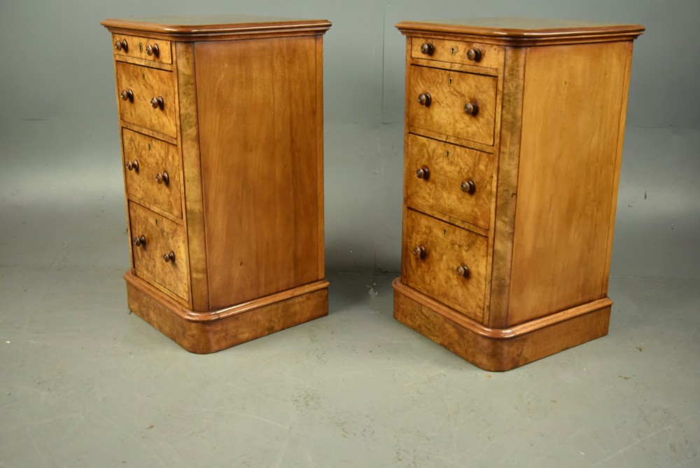 Pair of Victorian burr walnut bedside chests of drawers View II