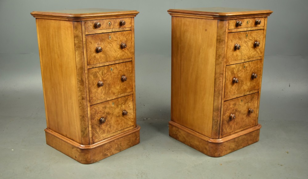 Pair of Victorian burr walnut bedside chests of drawers View III