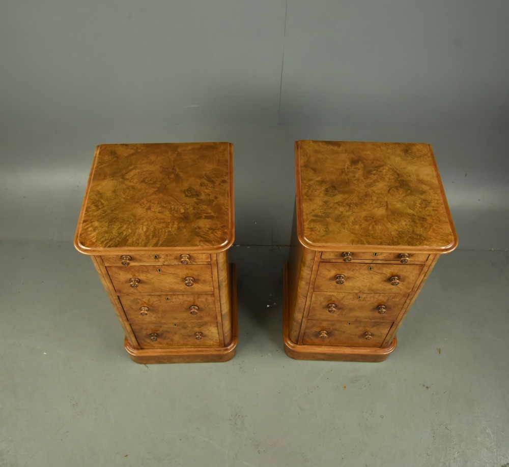 Pair of Victorian burr walnut bedside chests of drawers View IV