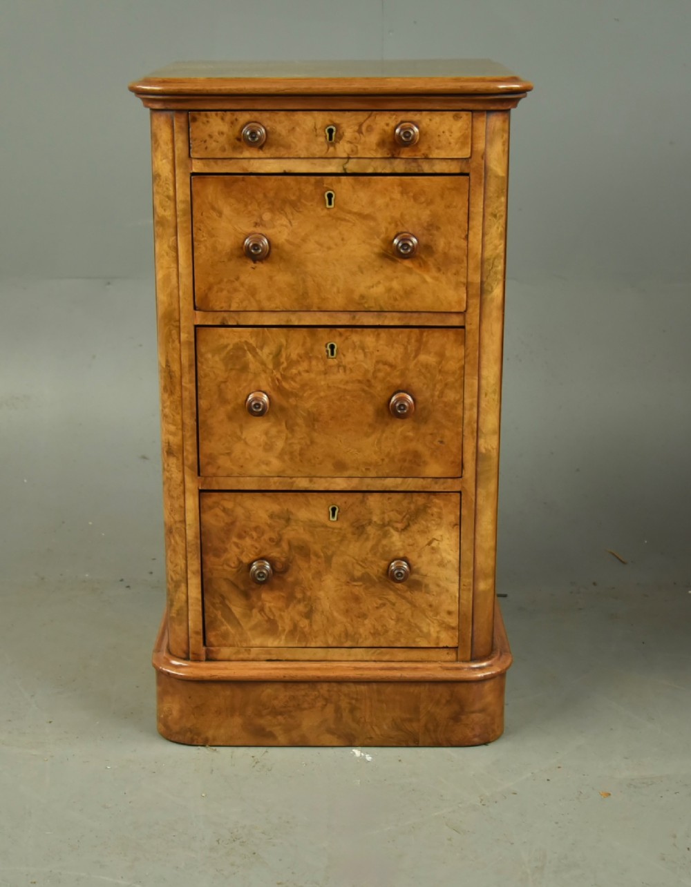Pair of Victorian burr walnut bedside chests of drawers View V