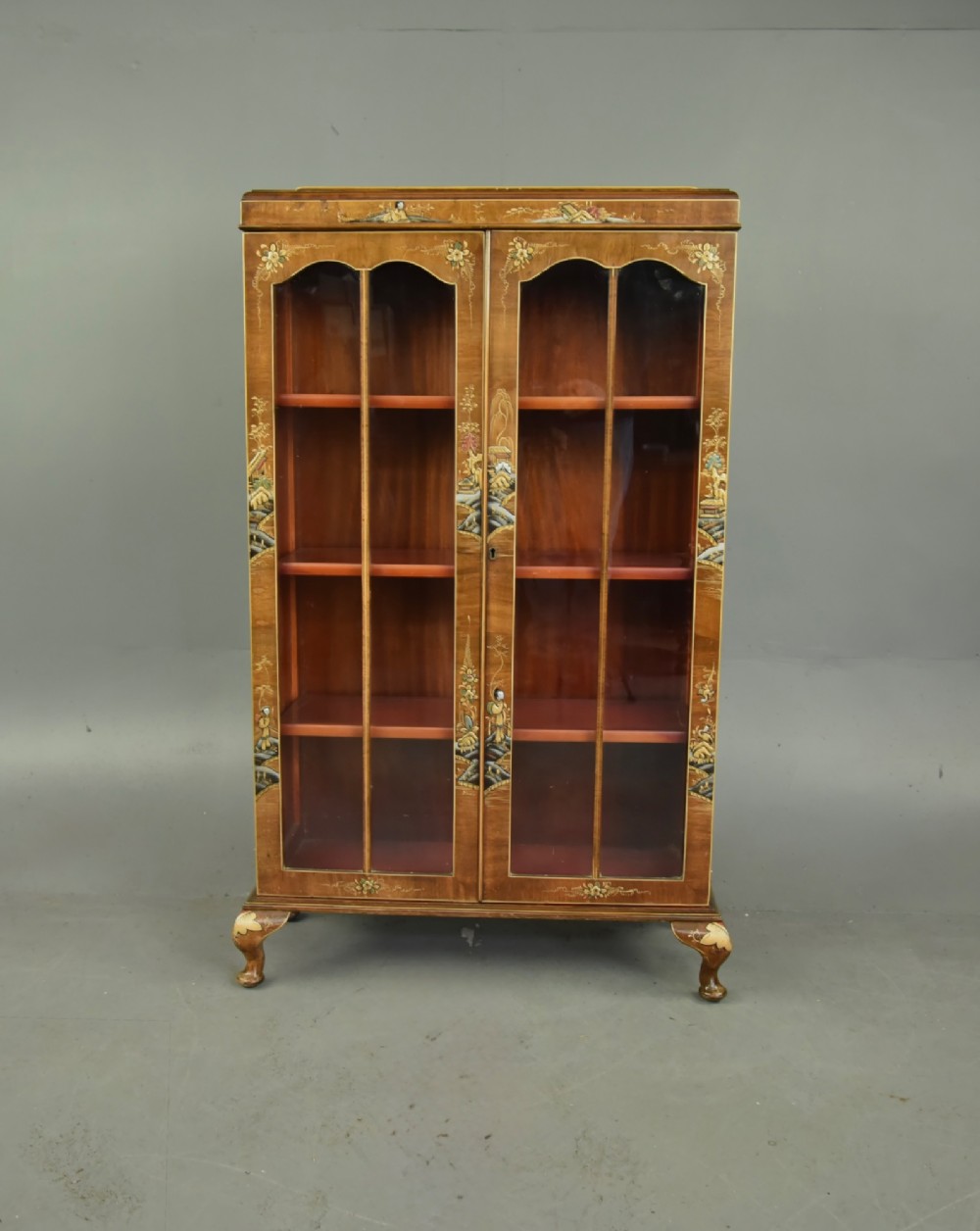 Walnut Chinoiserie glazed bookcase cabinet