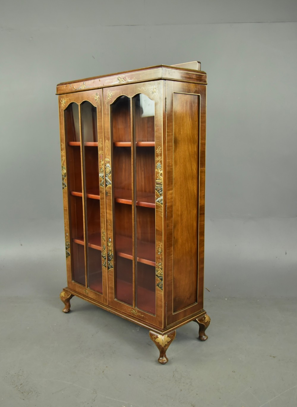 Walnut Chinoiserie glazed bookcase cabinet View II