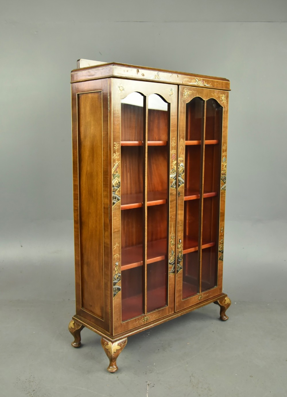 Walnut Chinoiserie glazed bookcase cabinet View III