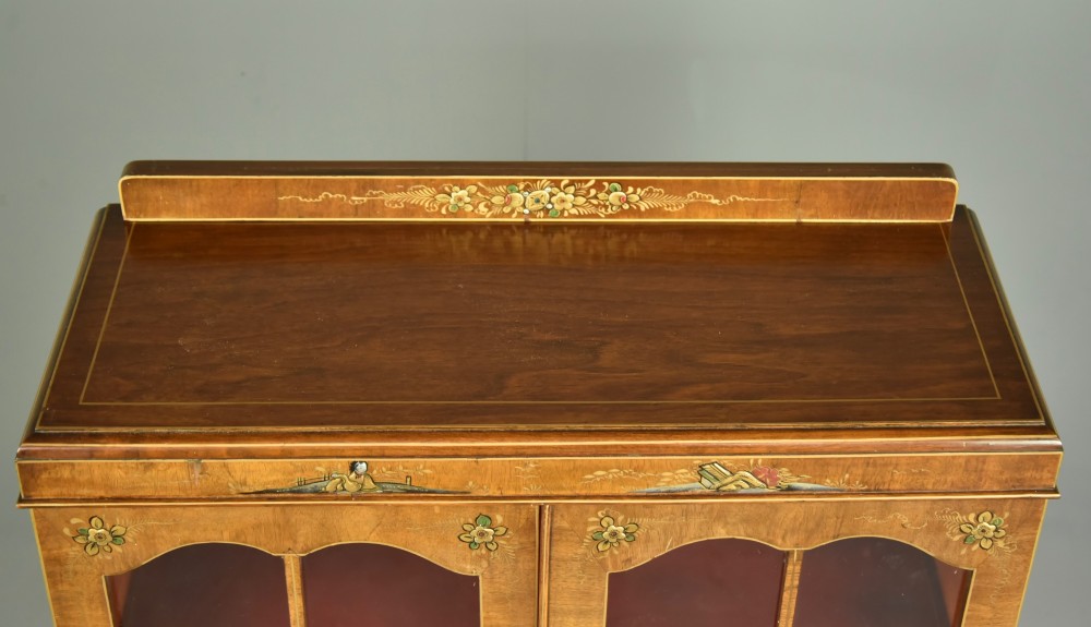 Walnut Chinoiserie glazed bookcase cabinet View V