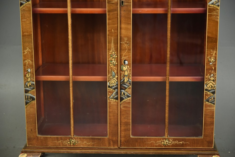 Walnut Chinoiserie glazed bookcase cabinet View VII