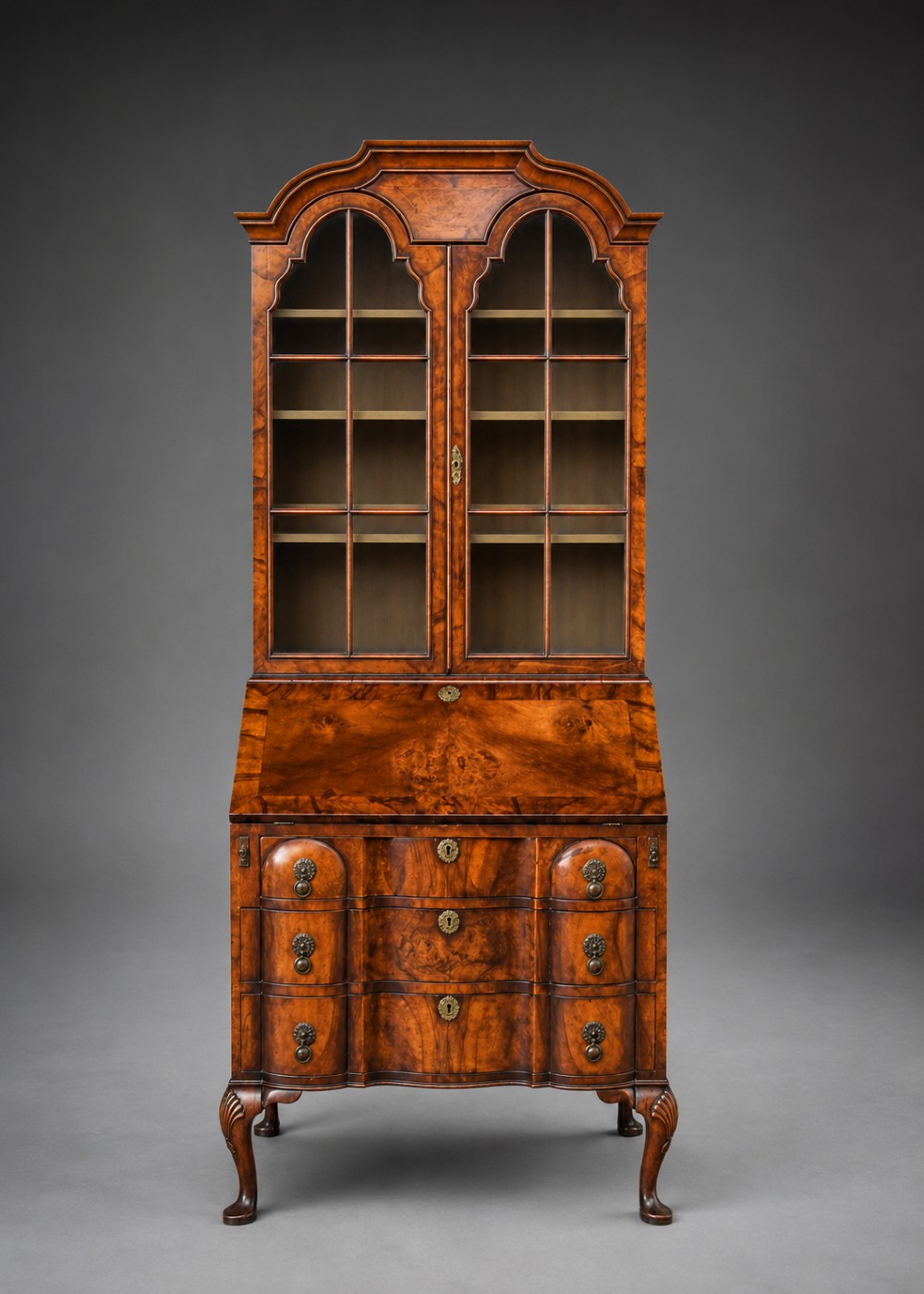 Antique walnut Queen Anne style bureau bookcase
