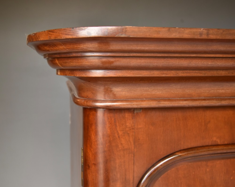 A Victorian flame mahogany double wardrobe featuring two arch-moulded panelled doors, a flared cornice, and a solid plinth base. View III