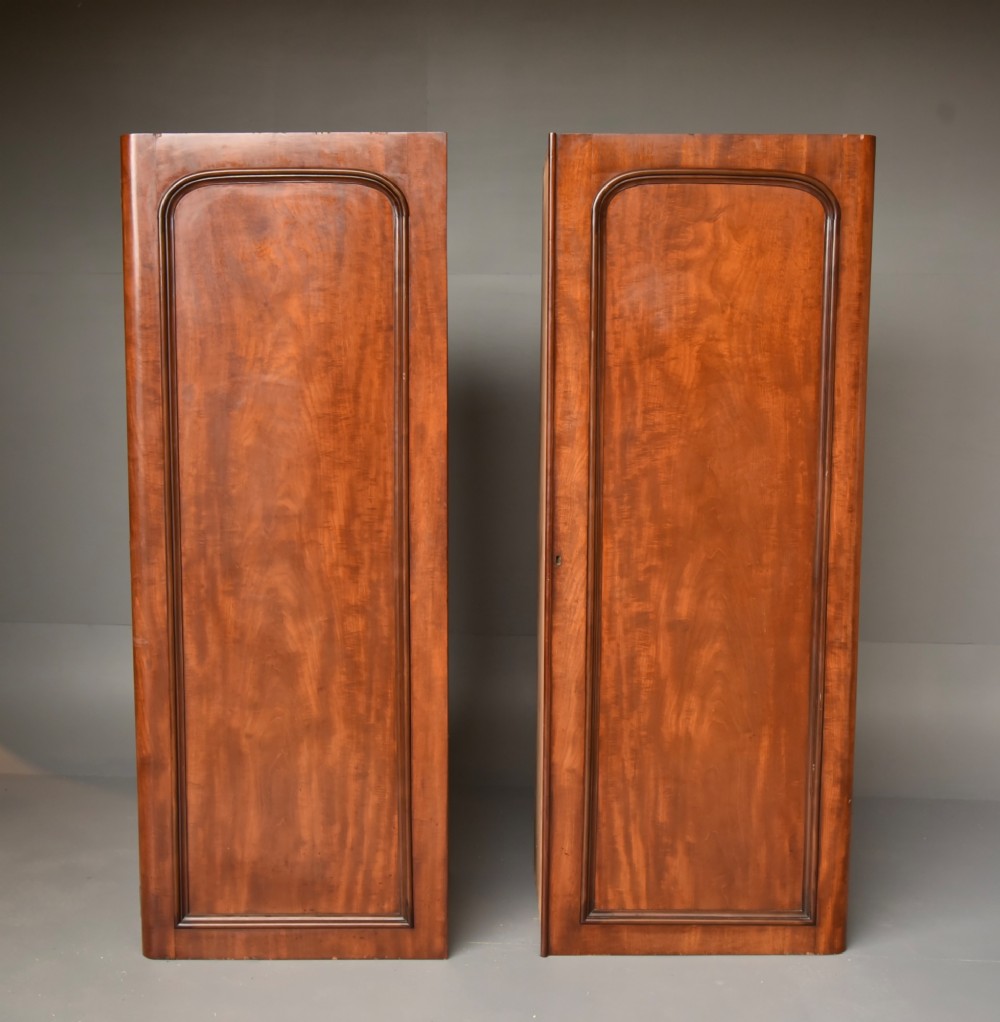 A Victorian flame mahogany double wardrobe featuring two arch-moulded panelled doors, a flared cornice, and a solid plinth base. View IV