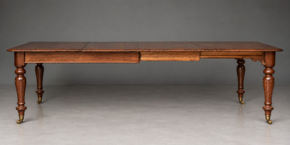 A Victorian mahogany extending dining table with turned legs resting on brass castors and an expanding rectangular top. View II