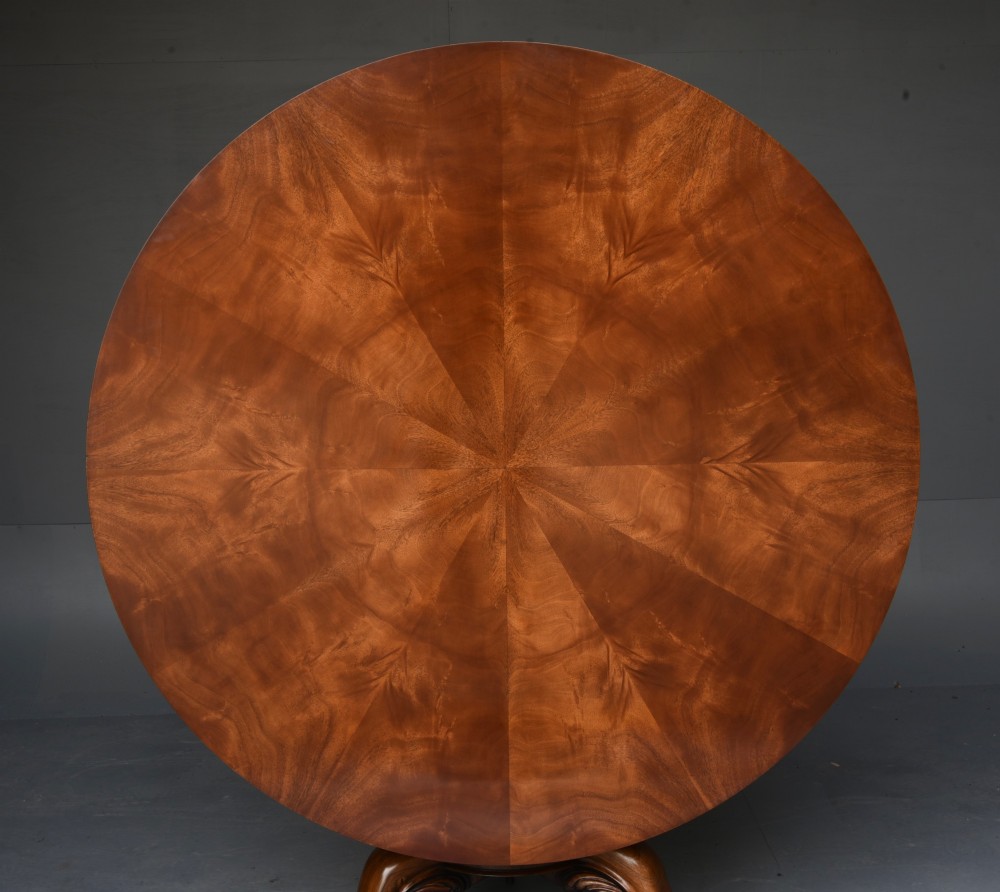 A nineteenth-century circular mahogany tilt-top table with radial flame mahogany veneering set on a carved tripod base with scroll feet. View II