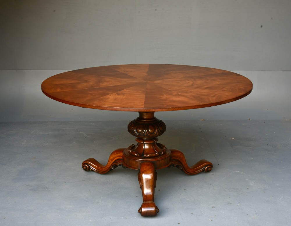 A nineteenth-century circular mahogany tilt-top table with radial flame mahogany veneering set on a carved tripod base with scroll feet. View III